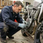 Mécanicien inspectant le frein d'une moto avant le contrôle technique lors d'une vente