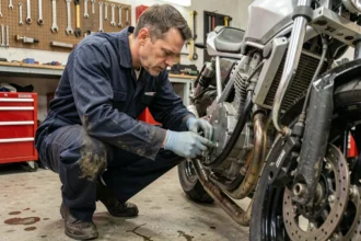 Mécanicien inspectant le frein d'une moto avant le contrôle technique lors d'une vente