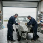 Atelier de carrosserie automobile en Bretagne avec des techniciens au travail sur un véhicule endommagé