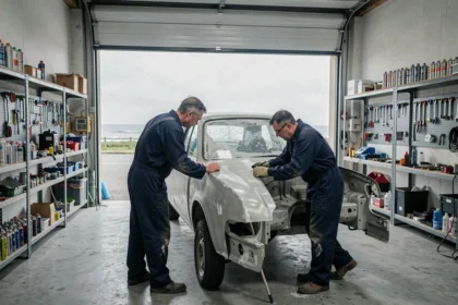 Atelier de carrosserie automobile en Bretagne avec des techniciens au travail sur un véhicule endommagé