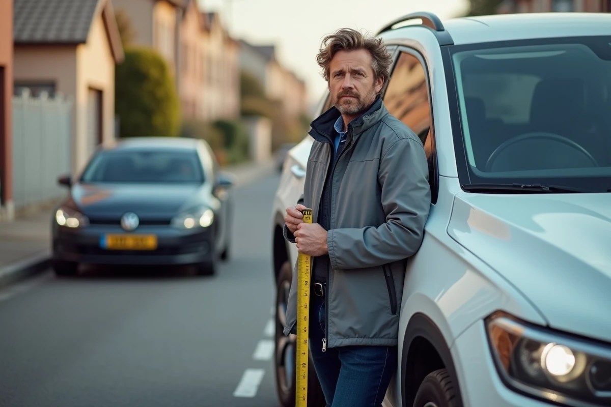 Professionnel mesurant la longueur d'un grand SUV blanc avec un mètre ruban en milieu urbain