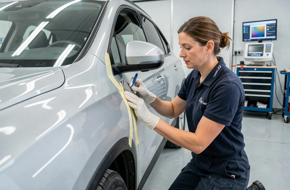 Technicienne de Mocaer dans le Finistère Sud appliquant du ruban de masquage sur un SUV avant peinture