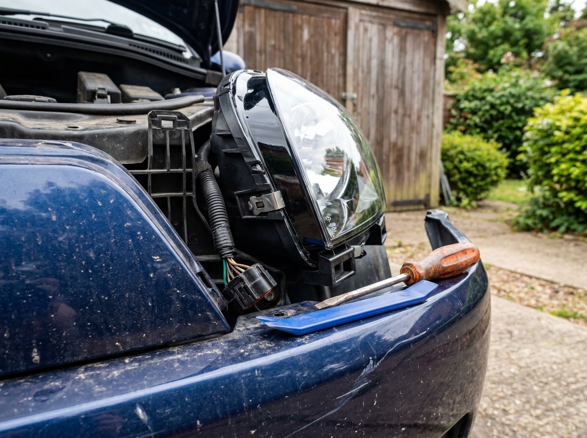 Gros plan sur le montage d'une optique neuve avec les connecteurs électriques visibles sur une petite voiture de ville