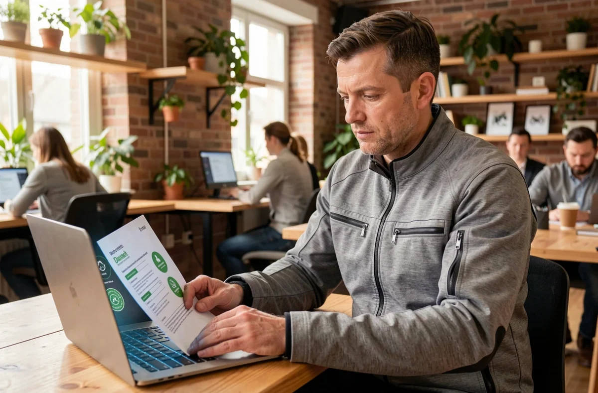 Motard consultant un contrat d'assurance moto verte sur ordinateur dans un espace de coworking, symbolisant la responsabilité écologique