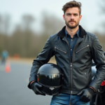 Jeune homme confiant avec casque et moto dans un centre moto