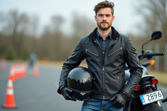 Jeune homme confiant avec casque et moto dans un centre moto