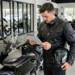 Motard consultant un devis d'assurance moto sur tablette dans un showroom de concession
