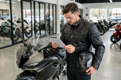 Motard consultant un devis d'assurance moto sur tablette dans un showroom de concession