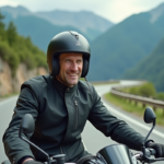 Homme en moto sur route de montagne avec casque et veste textile