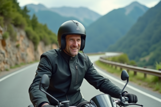 Homme en moto sur route de montagne avec casque et veste textile