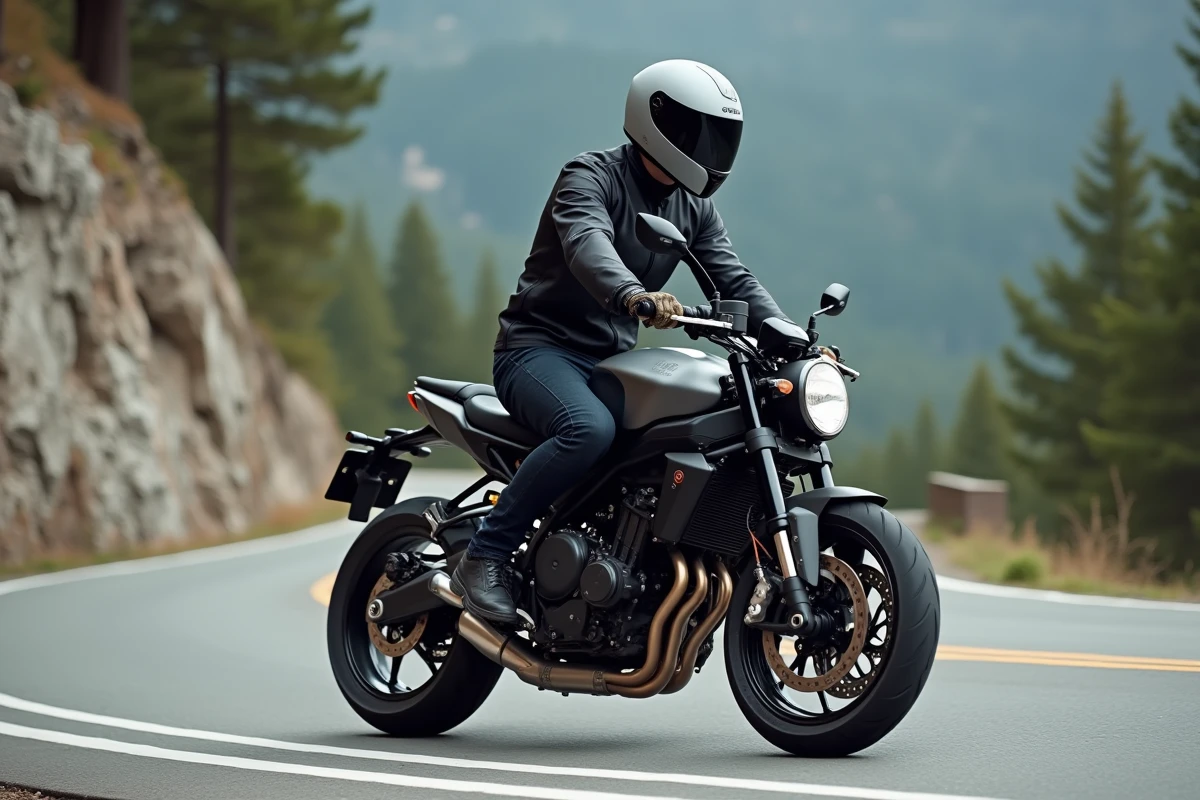 Motard en veste textile noire sur une moto naked sportive dans les Alpes françaises, vue de côté sur route de montagne sinueuse