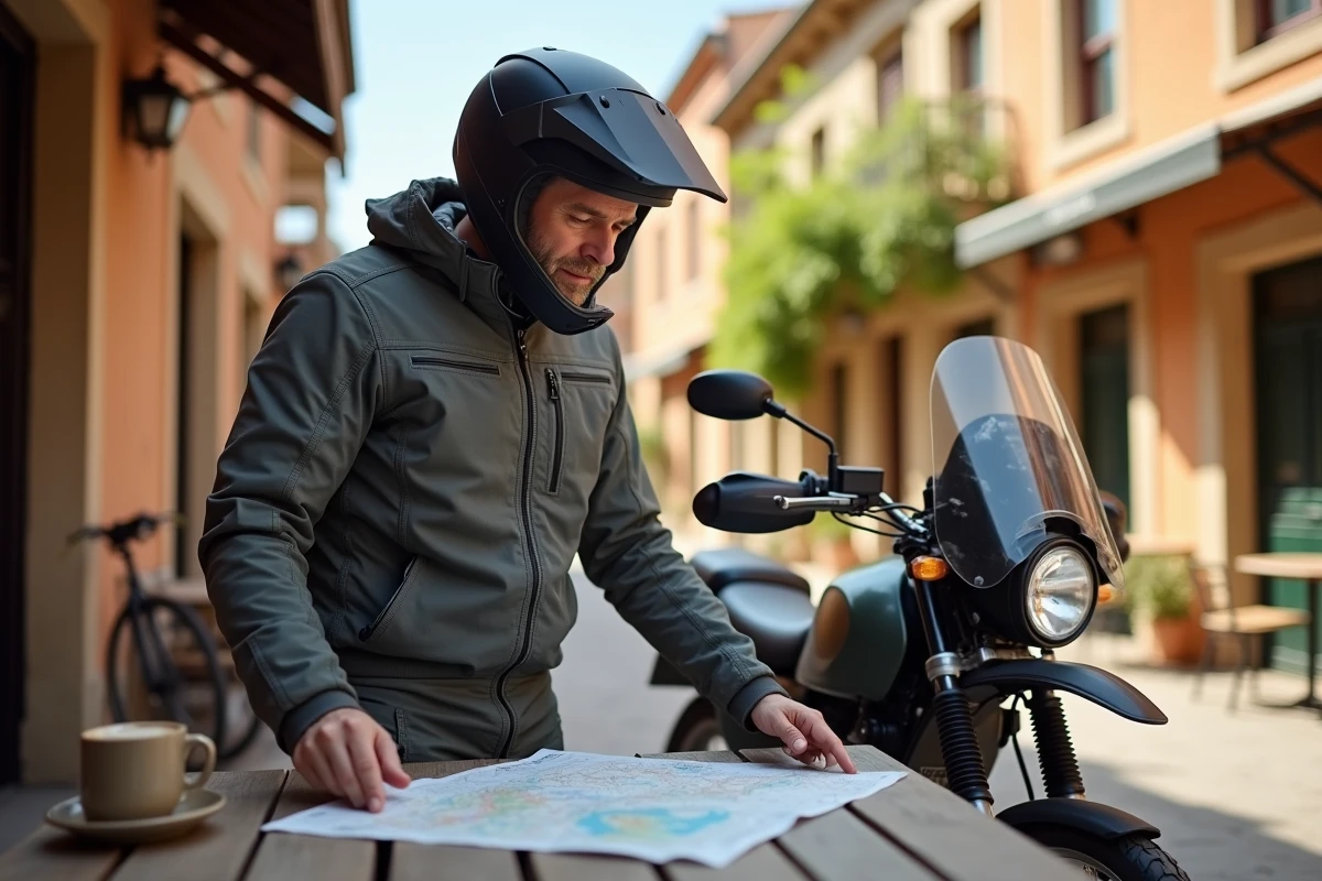 Motard en veste d'aventure consultant une carte papier à une terrasse de café lors d'un voyage en moto trail
