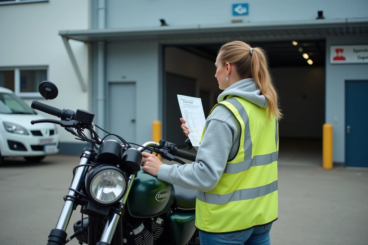Motarde consultant une liste de vérification devant un centre de contrôle technique moto officiel