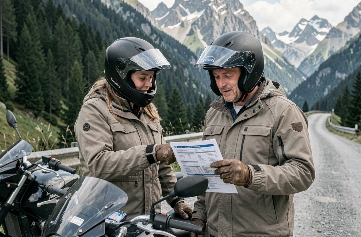 Deux motards en équipement éco-responsable consultant une brochure d'assurance moto verte sur une route de montagne alpine