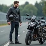 Jeune homme en moto test centre avec casque et moto moderne