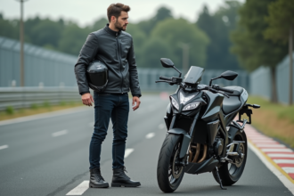 Jeune homme en moto test centre avec casque et moto moderne