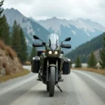 Moto trail mid-size verte garée sur une route de montagne en gravier avec des bagages minimalistes pour un voyage léger
