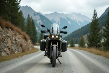 Moto trail mid-size verte garée sur une route de montagne en gravier avec des bagages minimalistes pour un voyage léger