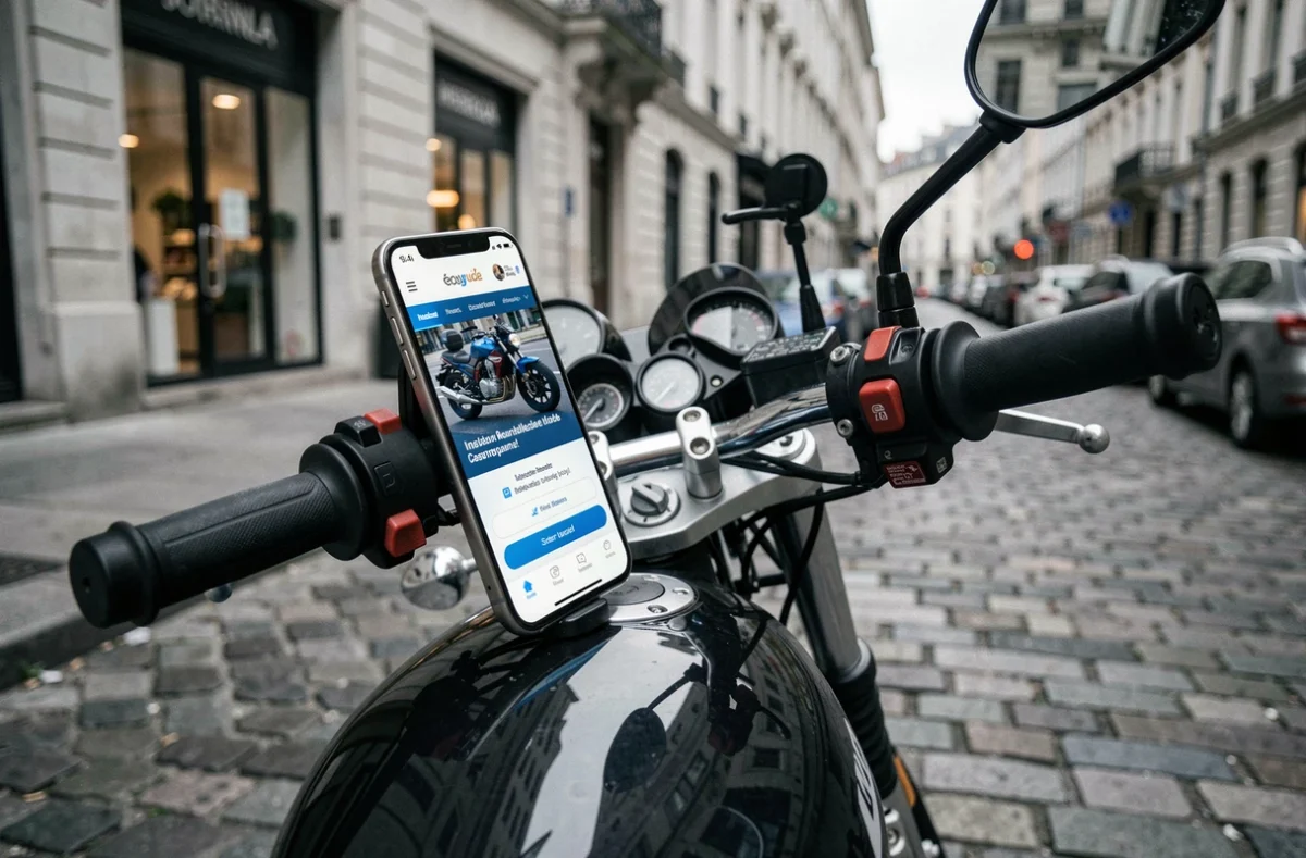 Moto garée en ville avec smartphone affichant un comparateur d'assurance moto