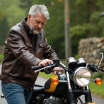 Homme d'âge moyen polissant une moto classique vintage