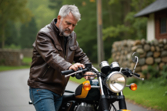 Homme d'âge moyen polissant une moto classique vintage