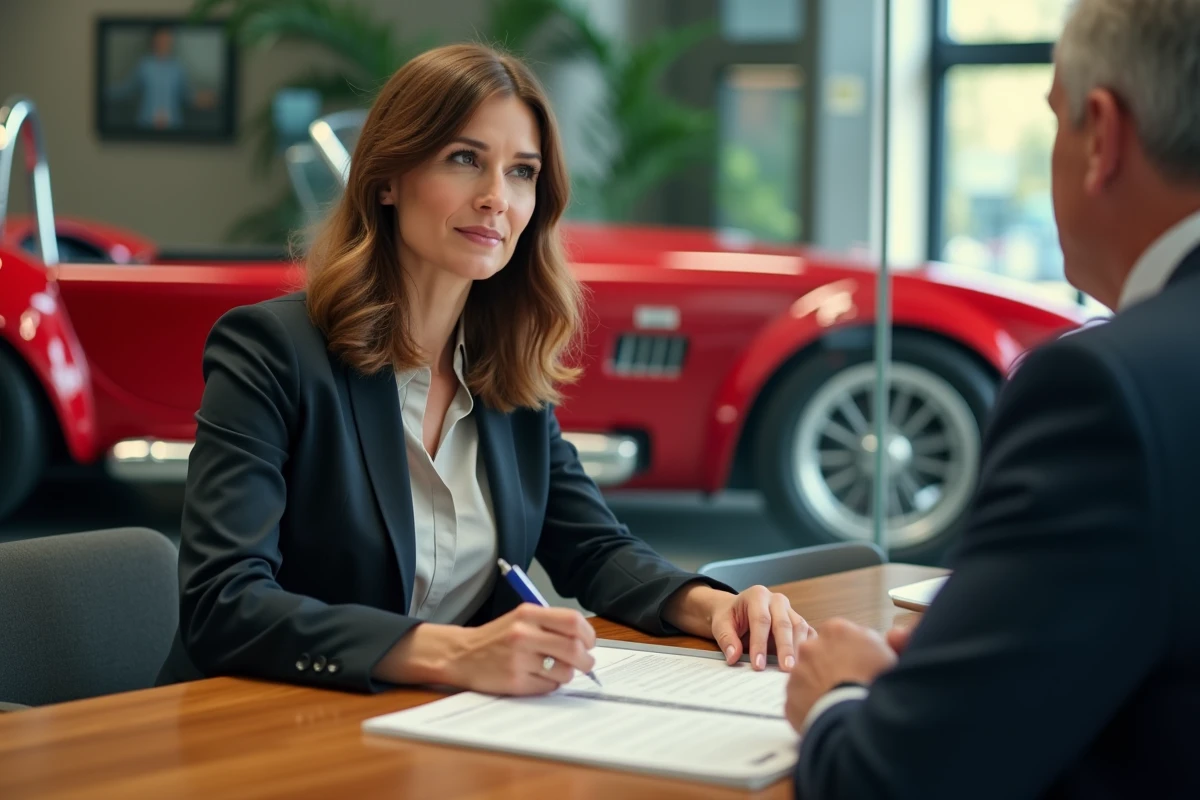 Femme négociant le prix d'une Cobra avec un vendeur passionné dans un showroom de voitures classiques