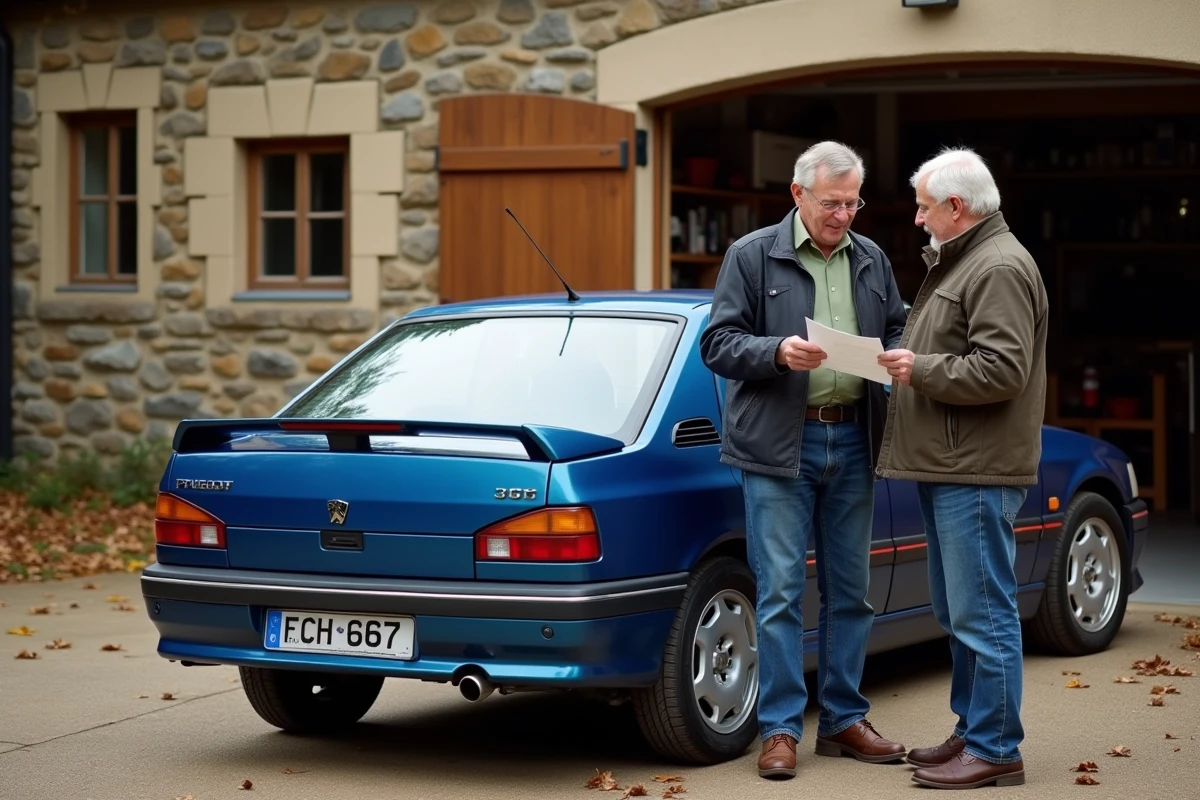 Deux collectionneurs négociant le prix d'une Peugeot 306 Maxi devant un garage privé, document de transaction à la main