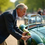 Homme examinant attentivement une voiture Cobra de collection lors d'un salon automobile en plein air