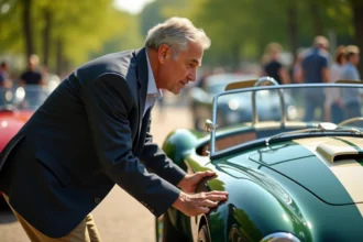 Homme examinant attentivement une voiture Cobra de collection lors d'un salon automobile en plein air