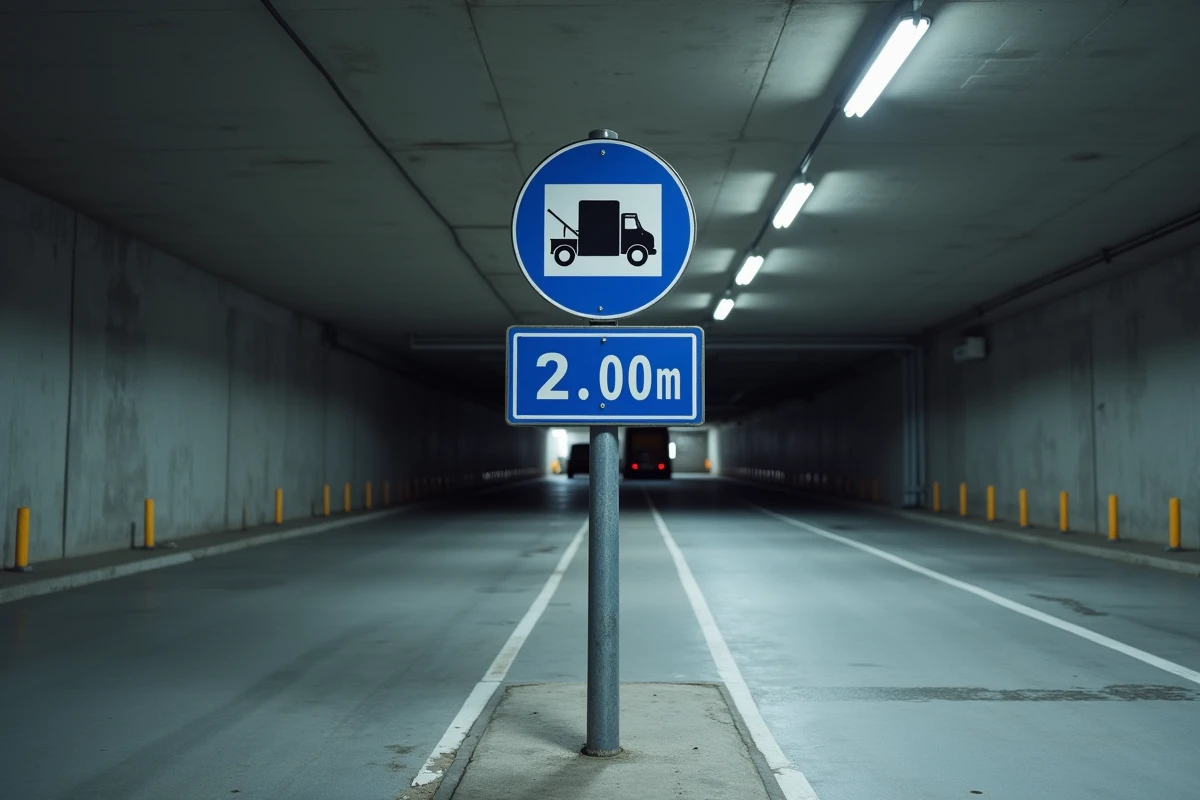 Panneau de limitation de hauteur à 2 mètres à l'entrée d'un parking souterrain avec indication Hauteur Trafic 2