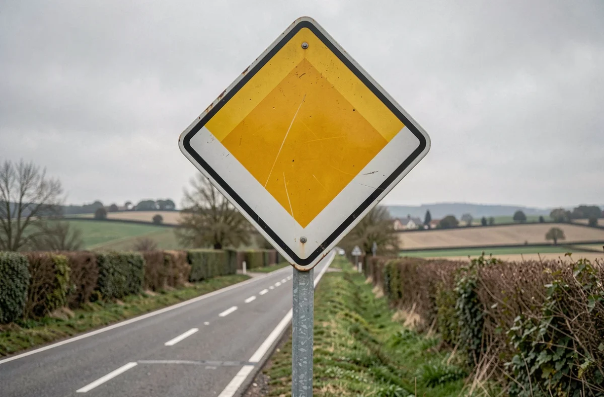 Panneau de priorité en losange jaune et blanc sur une route de campagne française vue en contre-plongée