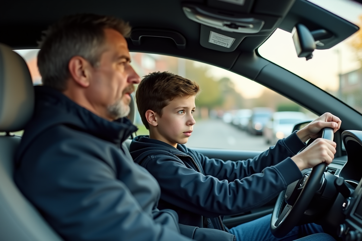Père et adolescent dans la voiture en situation d