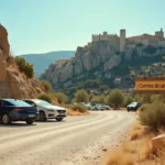 Parking en gravier au pied du village des Baux-de-Provence avec panneau indiquant les Carrières de Lumières