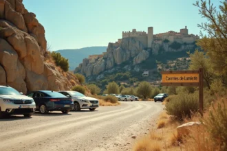 Parking en gravier au pied du village des Baux-de-Provence avec panneau indiquant les Carrières de Lumières