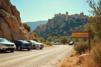 Parking en gravier au pied du village des Baux-de-Provence avec panneau indiquant les Carrières de Lumières