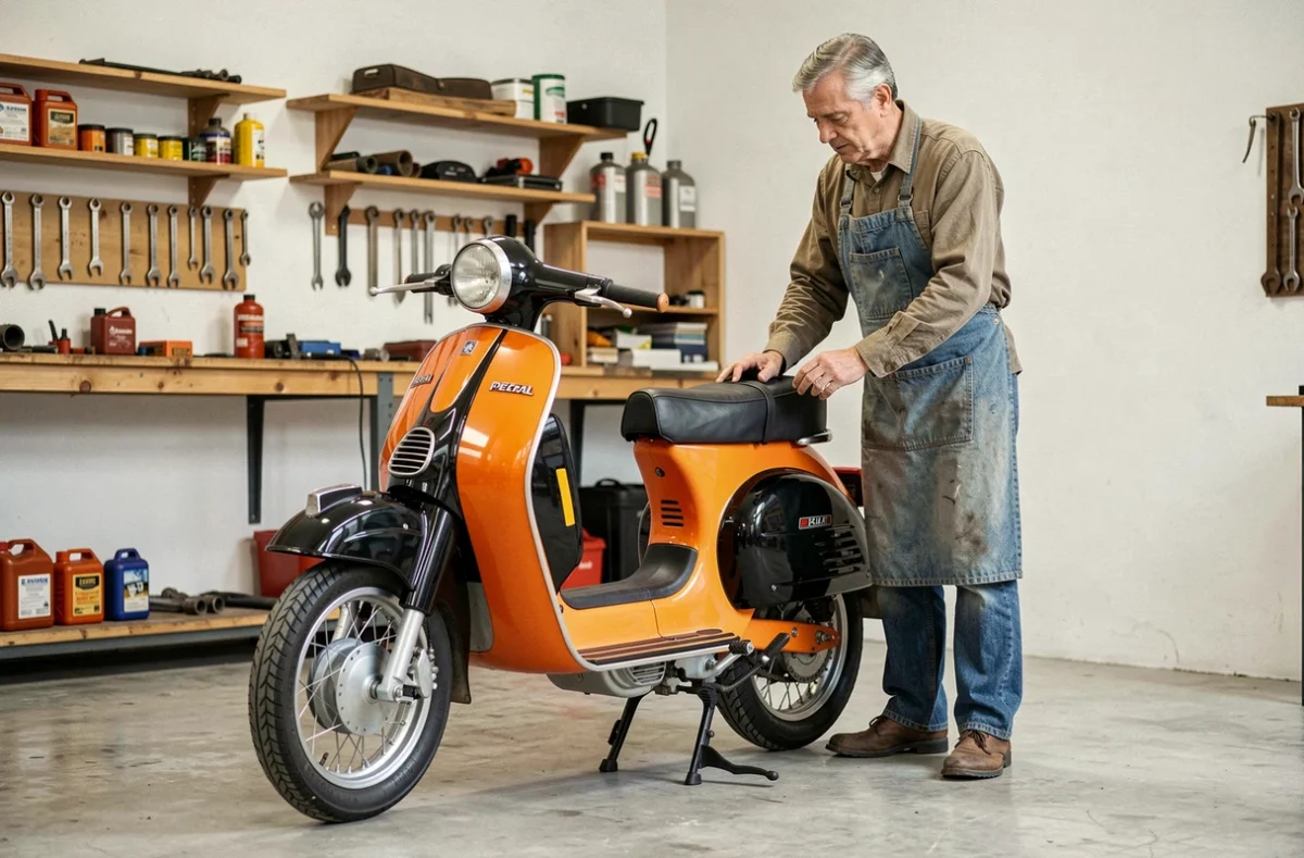 Mécanicien examinant un Peugeot 103 orange dans un atelier de mécanique indépendant avec outils vintage sur étagères en bois