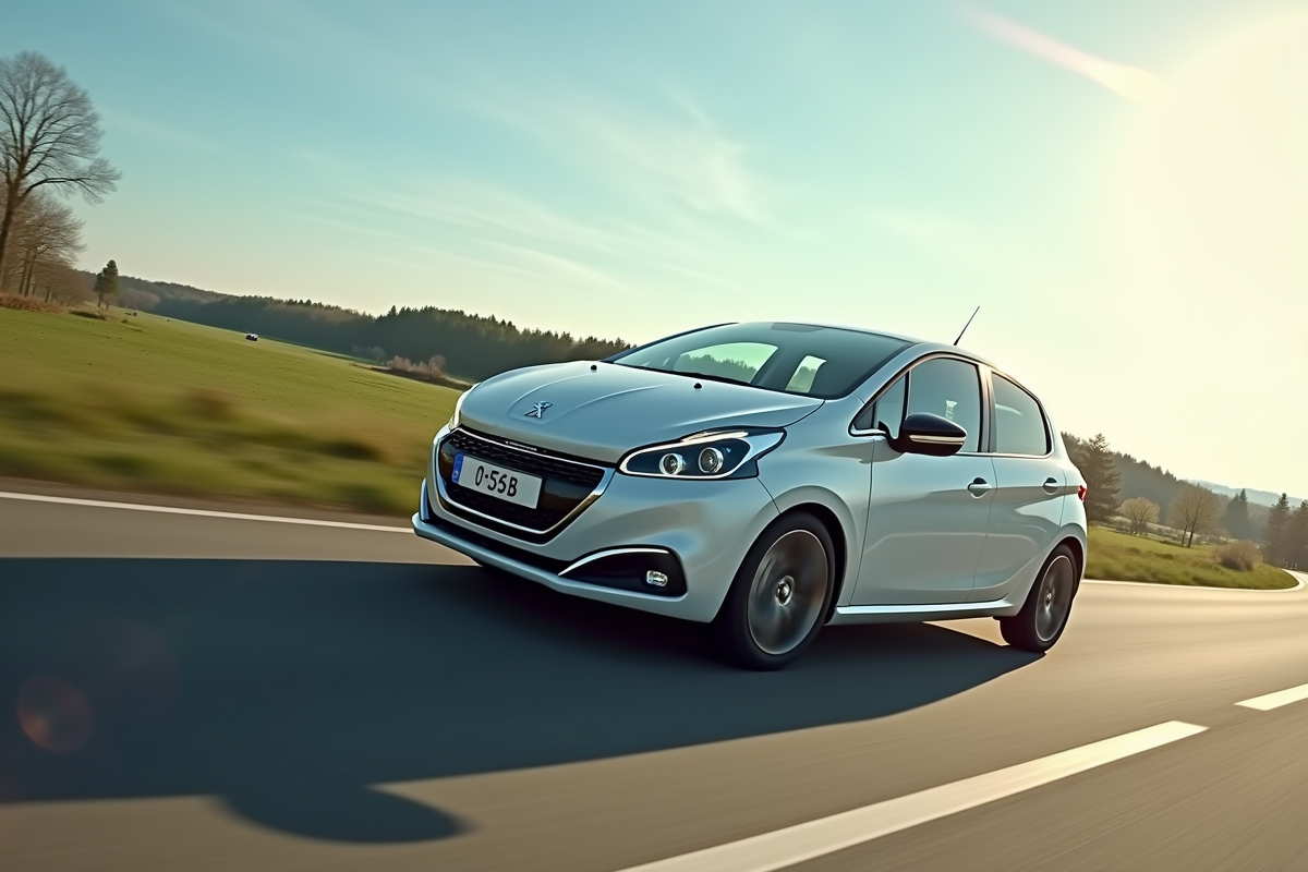 Peugeot 208 électrique en conduite sur route de campagne