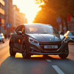 Peugeot 208 électrique au lever du soleil en ville