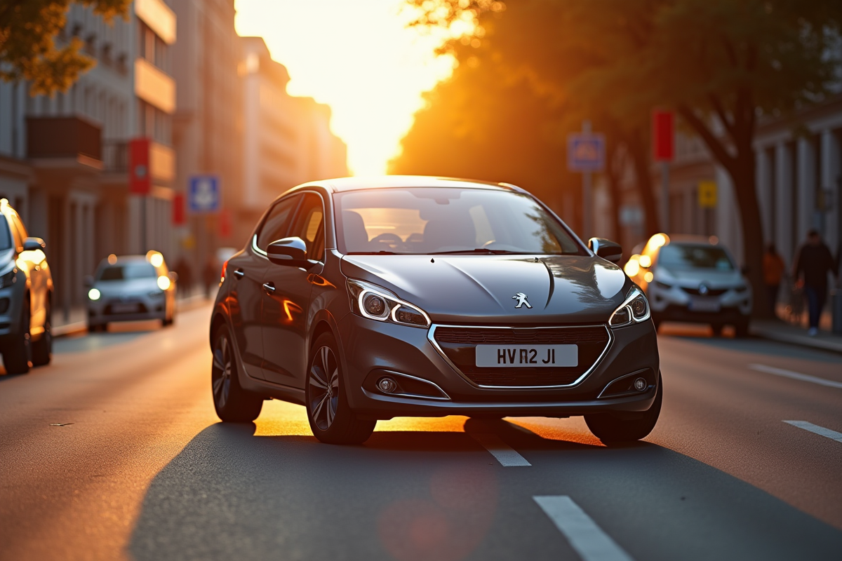 Peugeot 208 électrique au lever du soleil en ville