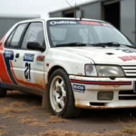 Peugeot 306 Maxi de collection en livrée rallye originale photographiée en trois-quarts avant dans un paddock historique