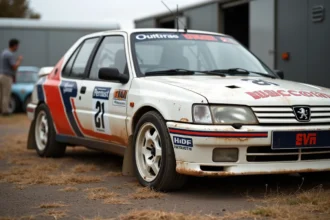 Peugeot 306 Maxi de collection en livrée rallye originale photographiée en trois-quarts avant dans un paddock historique