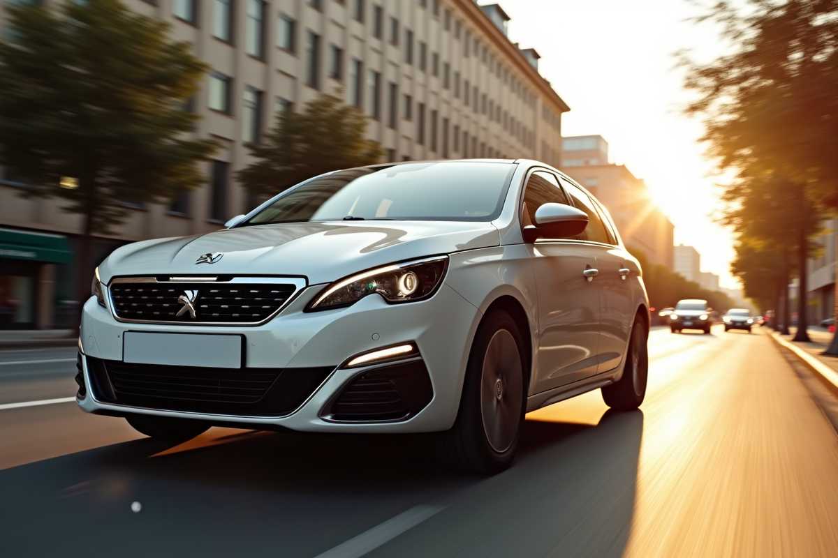 Peugeot 308 GT Line en mouvement en ville au coucher du soleil