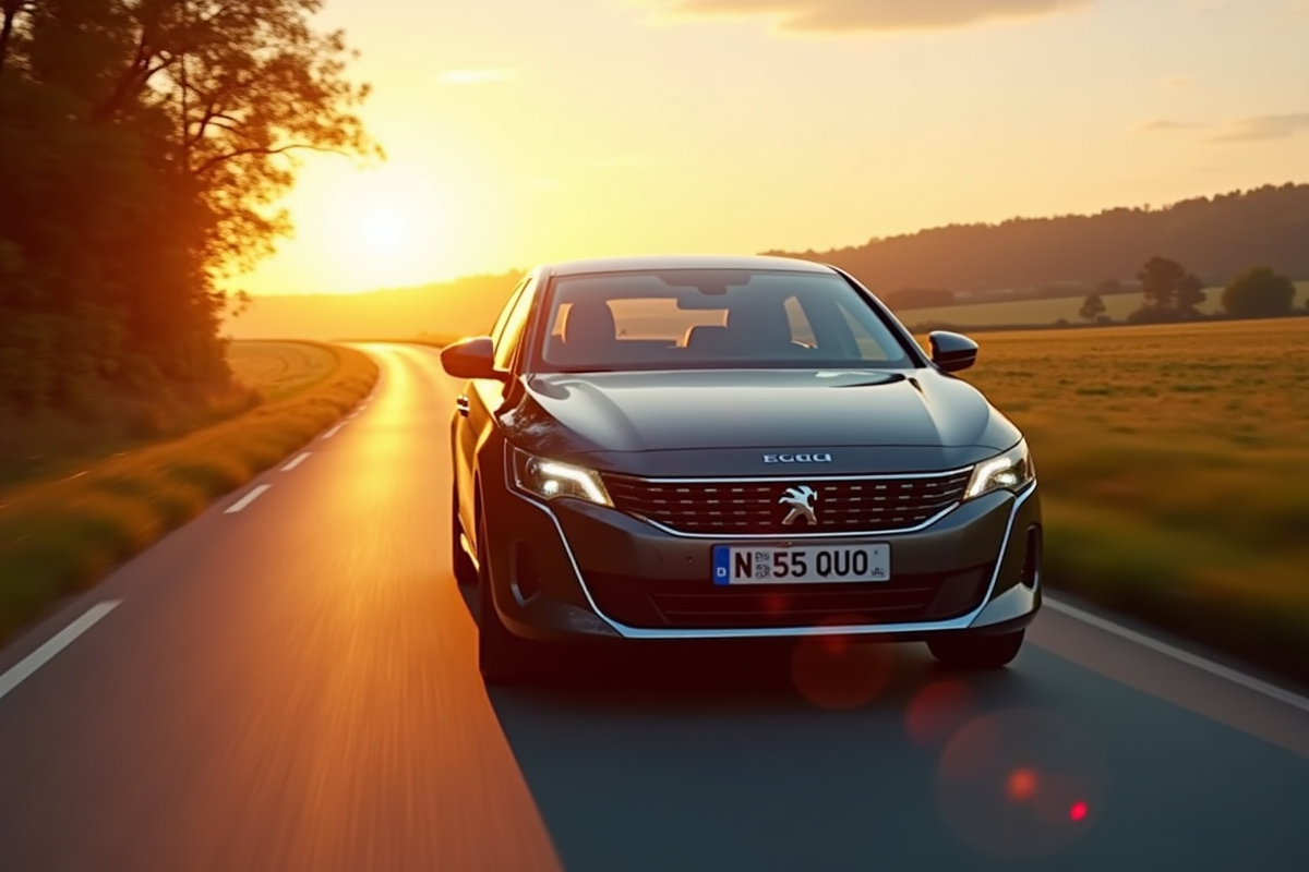 Peugeot 408 hybride en campagne au coucher du soleil