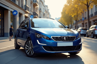 Voiture Peugeot 408 hybride moderne en ville ensoleillée