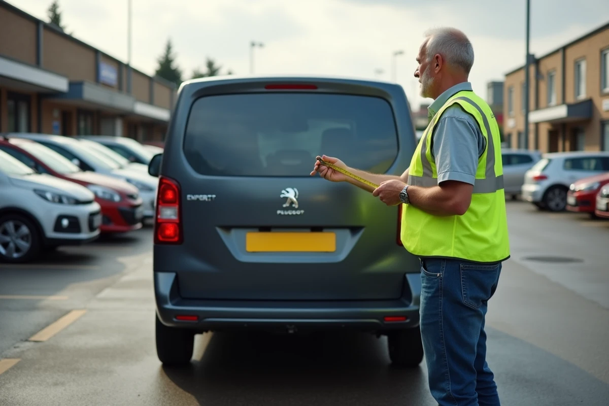 Homme mesurant la distance de stationnement derrière un Peugeot Expert gris dans un parking extérieur, astuce pratique pour évaluer l'espace disponible