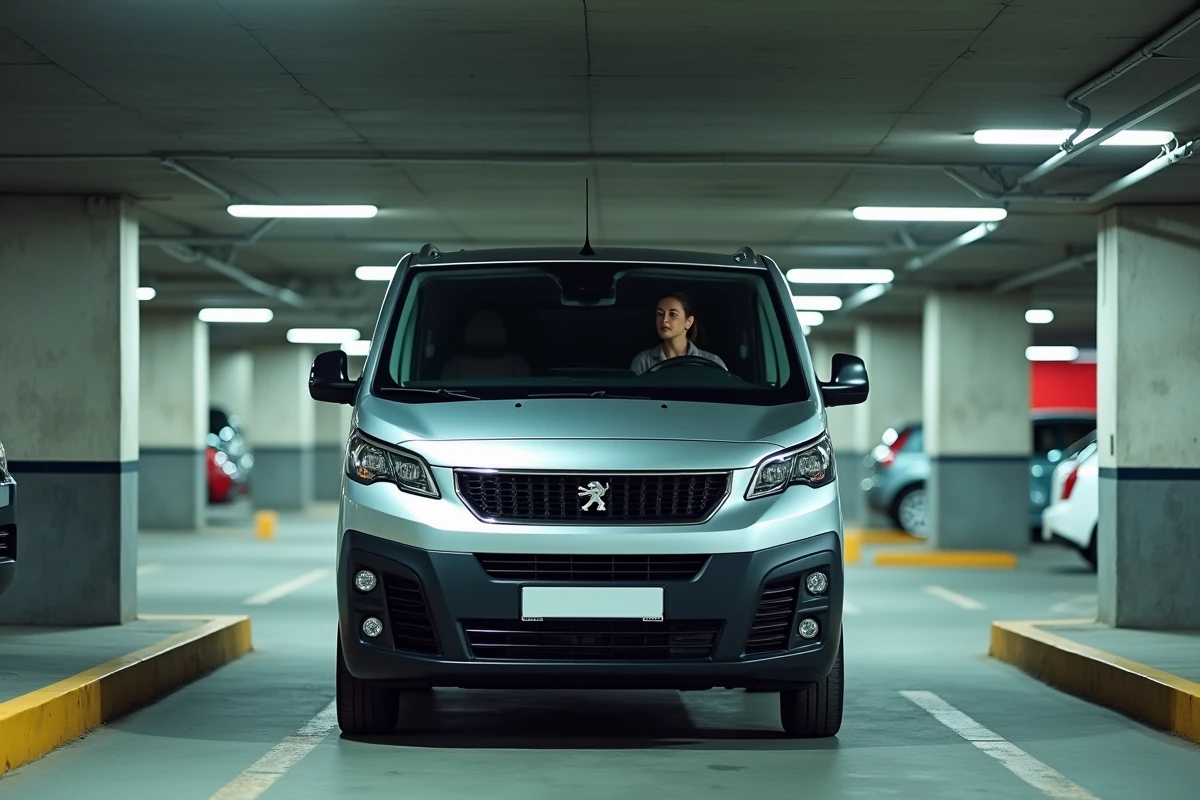 Femme conduisant un Peugeot Expert argenté dans un parking souterrain avec hauteur limitée, vue trois quarts avant montrant les contraintes de gabarit du véhicule