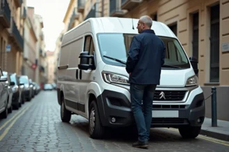Conducteur d'un Peugeot Expert blanc garé en créneau dans une rue étroite de ville, vue latérale montrant la longueur du véhicule utilitaire