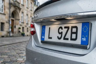 Plaque d'immatriculation luxembourgeoise avec la lettre L et le symbole européen sur un véhicule garé dans une rue pavée de Luxembourg-Ville