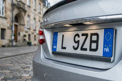 Plaque d'immatriculation luxembourgeoise avec la lettre L et le symbole européen sur un véhicule garé dans une rue pavée de Luxembourg-Ville