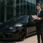 Photo hyperrealiste d'une Porsche noire élégante devant un bâtiment moderne